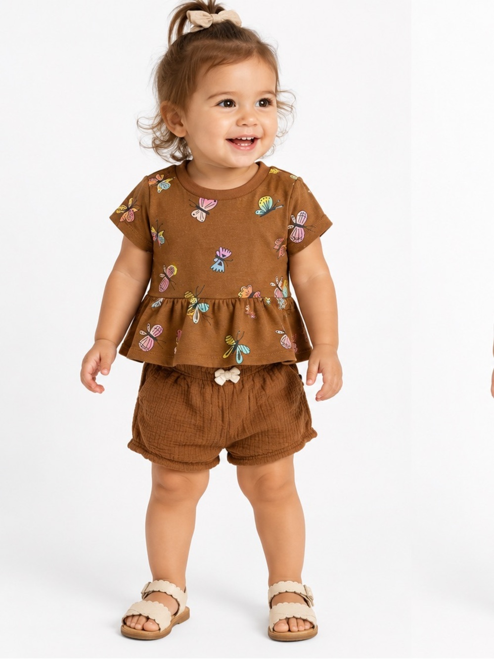 Okie Dokie 12M Toddler Girl Butterfly Peplum Top & Brown Muslin Shorts Outfit 2
